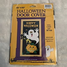 NOS Halloween Ghost And Pumpkin Plastic Door Cover 30 x60