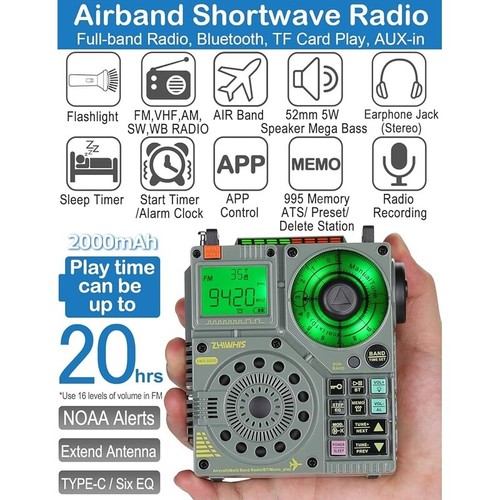 Radio de onda corta portátil Bluetooth AM FM VHF grabadora reproductor de emergencia climática - Imagen 3 de 11