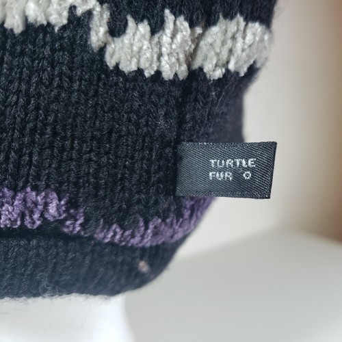 Turtle Fur Beanie One Size Wool Blend Fleece Lined Earband Hat Black W/ Stripes - Picture 6 of 8