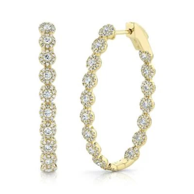 14K Gelbgold Diamant Reifen Ovale Ohrringe Innen Außen 2.05CT Rund Schliff - Bild 1 von 4