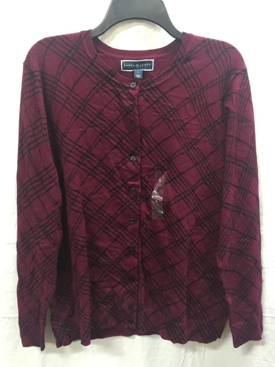 Karen Scott Plaid Strokes Cardigan Red LARGE eBay
