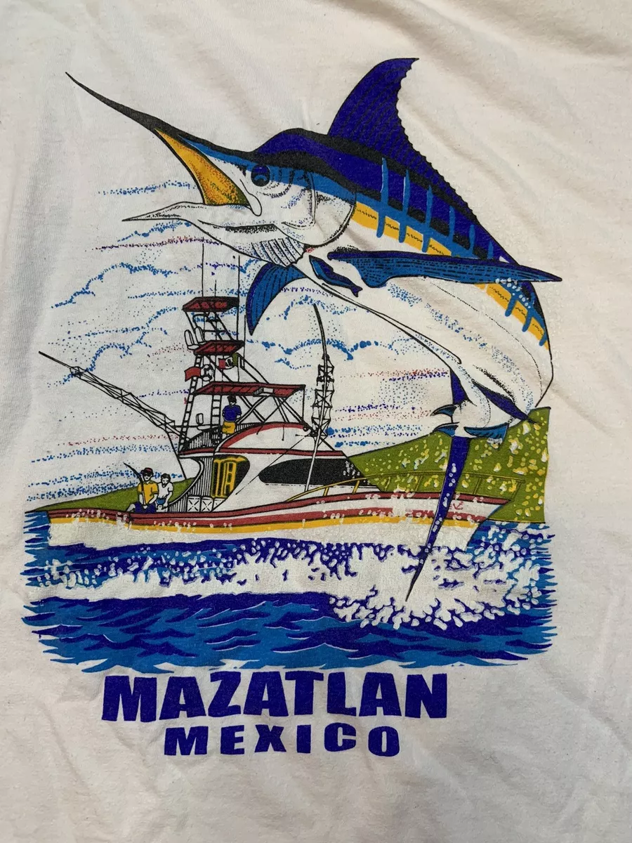 T-Shirt Medium Blue Marlin Mazatlan Mexico White Short Sleeve