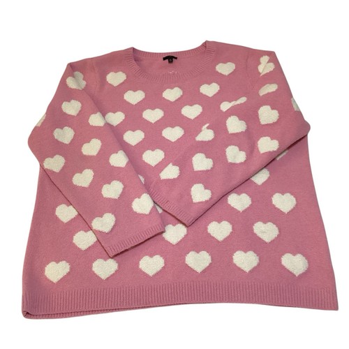 Talbots Plus Soft Terry Hearts Crewneck Sweater Pink & White 2X EUC