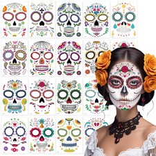 18 Pack Hallowee Temporary Face Tattoos Day of the Dead Sugar Skull Face Tattoo