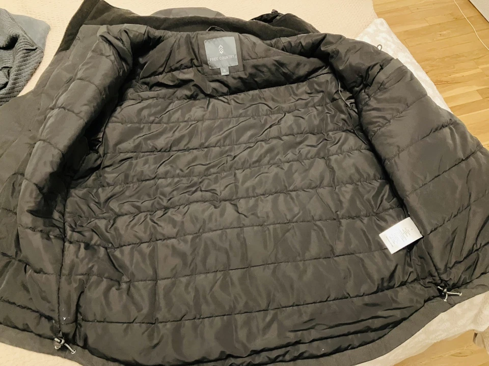 Chaqueta Abrigo Free Country XL Jet Negro Peso Medio Con Capucha Bolsillos con Cremallera Foto 2 de 4