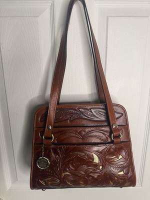 Patricia Nash Bruna Tan Tooled Leather Satchel Purse Floral Cutout Bag NWT