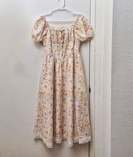 Floral Puff Sleeve Midi Dress, Ruffle Accents, Square Neck, Multicolor, A-Line