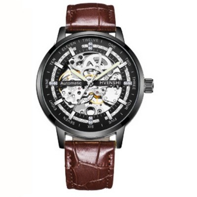 Automatic Skeleton Mechanical Watch - Black Case Brown Leather Strap Wristwatch