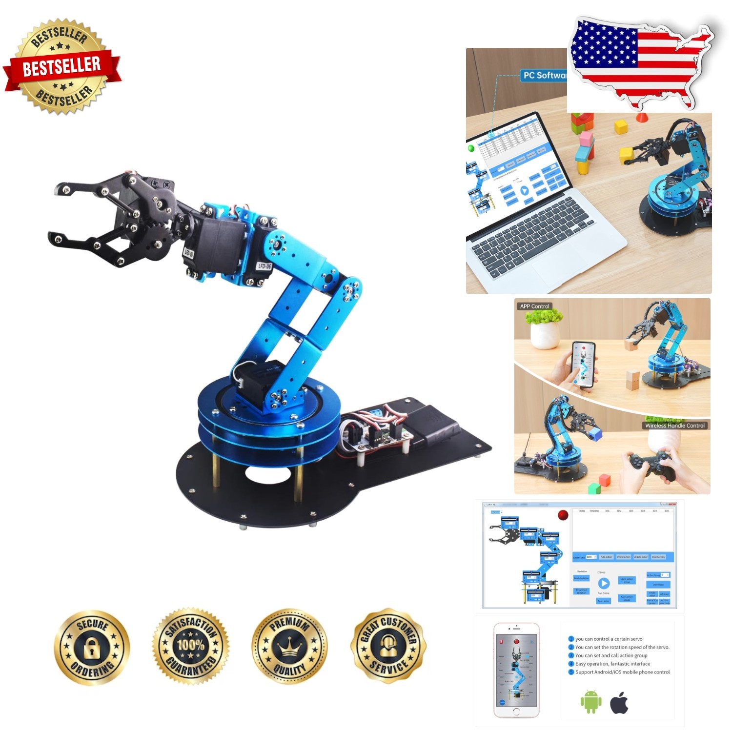 Programmable 6DOF Robotic Arm: Metal 6-Axis Servo Robot, PC/APP