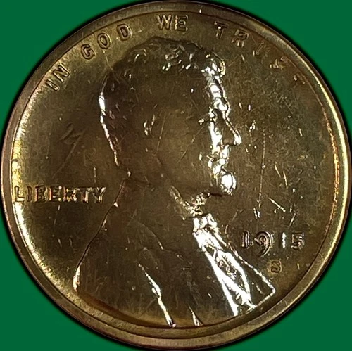 1915-S Lincoln Wheat Cent Very Good VG Coin, Harshly Cleaned #34379