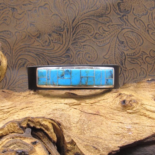 Schwarz Leder Blau Türkis Inlay Sterlingsilber Navajo Armband