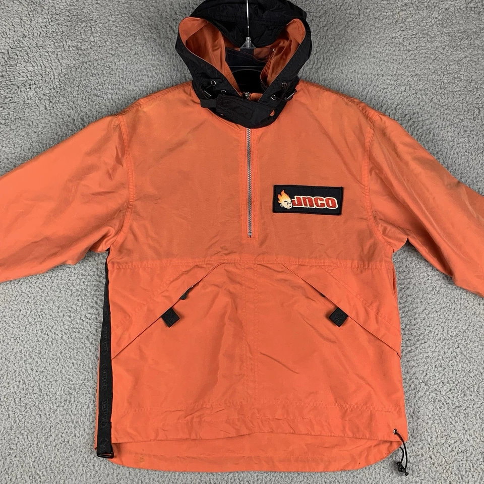 Vintage JNCO Flame Head Jacket Mens L Orange 1/2 Zip Hooded Pullover Patch RARE - Image 2 of 4