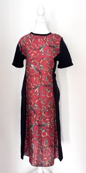 Zara Midi Dress Womens M Black Red Floral Panel Short Sleeve Shift Round Neck