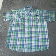 Columbia PFG Super Bahama Shirt Mens XL Green Blue Plaid Fishing Vented Outdoor
