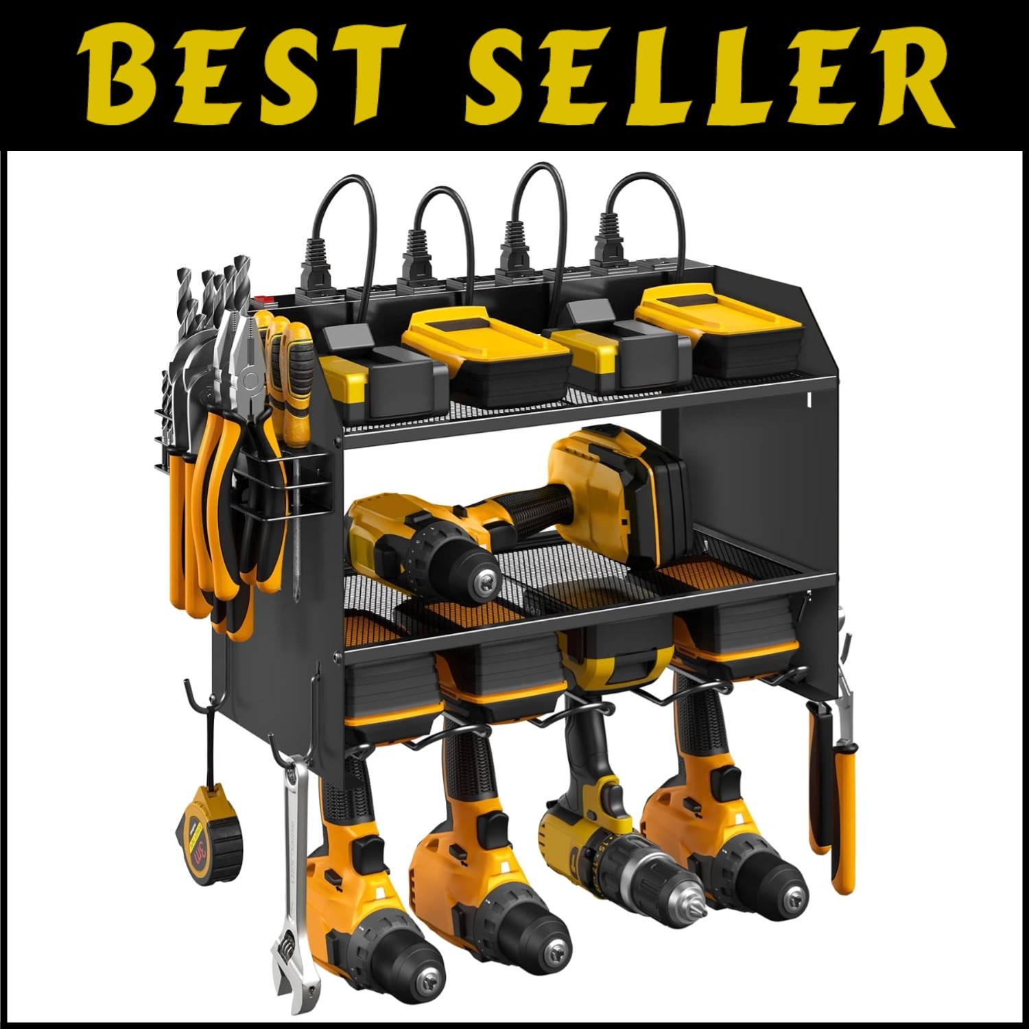 4-Slot Drill Organizer with Hooks & Surge Protection - All-in-One Power Tool Storage
