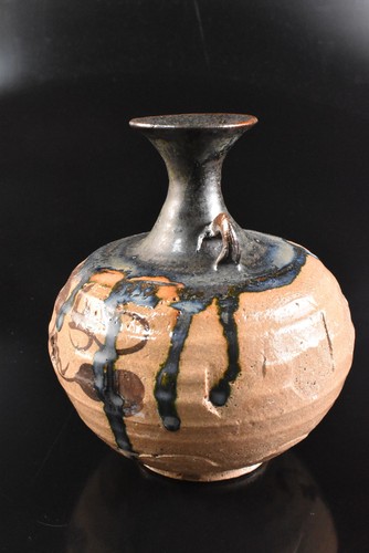 U696: Japanese Old Oribe-ware Green glaze Flower Hanging FLOWER VASE w/box - Picture 6 of 9