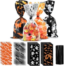 ERKOON Halloween Candy Bags 200pcs Pumpkin Spider Web Large, One Size, Black 