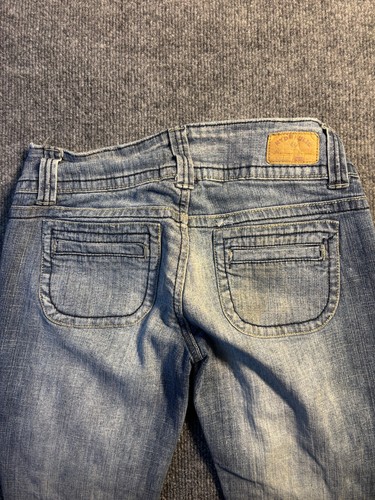 Pantalones de mezclilla hidráulicos acampanados para mujer 1/2 azul elástico desteñido ajuste regular botón mosca - Imagen 11 de 13