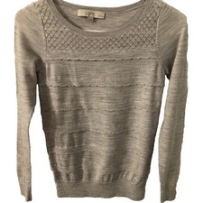 Loft Gray Sweater PXS Ruffled Front Crochet Trim Long Sleeve Wool Blend Lite Wt