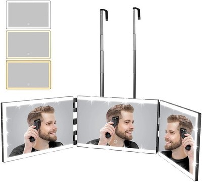Rechargeable 3 Way Mirror for Self Hair Cutting with 8 Light Strips & Telescopin