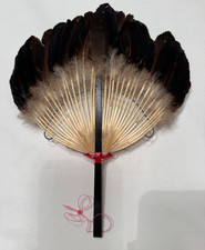 Vintage Asian Chinese Pien Mien Feather Hand Fan 14 Inch