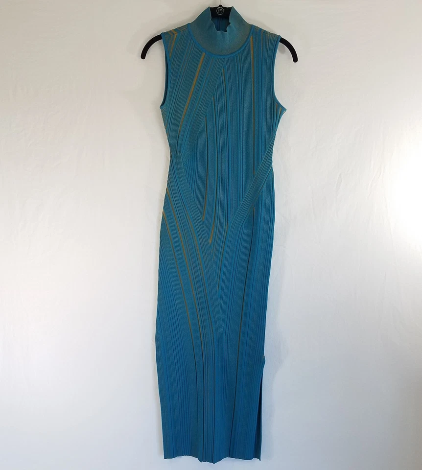 Hervé Léger Paris Bandage Maxi Dress Tidal Wave Blue Gold Ribbed LARGE Mock Neck - Image 2 of 4