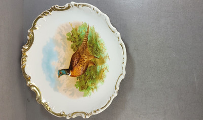 Vintage Hand Painted Antique Plate Pheasant in Grass Blue Sky Gold Edges 11.5''