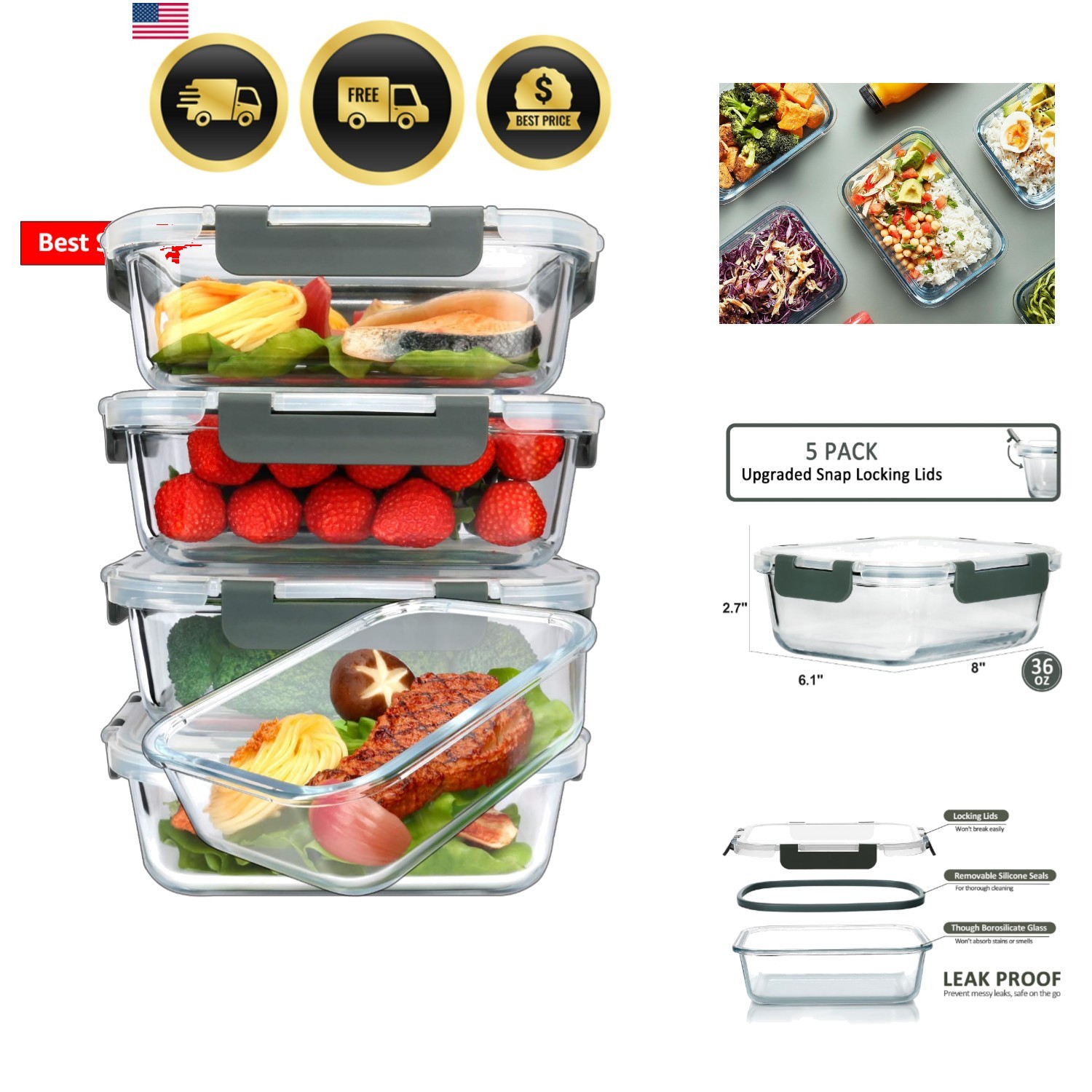5-Packs, 36 Oz Glass Meal Prep Containers with Snap Locking Lids Glass Food C...