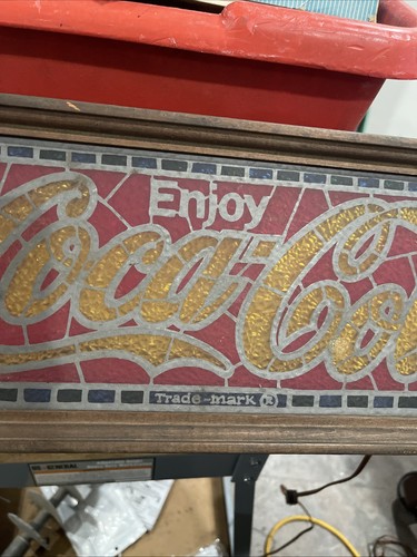Vintage 1970's Coca-Cola Faux Stained Glass Advertising Light Wood Sign, ~17”x7” - Picture 8 of 16