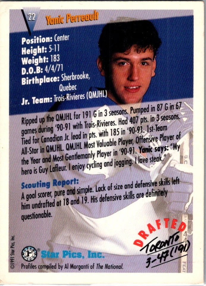 1991-92 Star Pics Yanic Perreault Toronto Maple Leafs #22 - Image 2 of 2