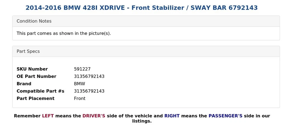 2014-2016 BMW 428I XDRIVE - Front Stabilizer / SWAY BAR 6792143 - Image 4 of 4