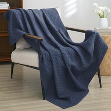 Waffle Weave Cotton Blanket Throw Lightweight Breathable Dark Navy Home Bed C...