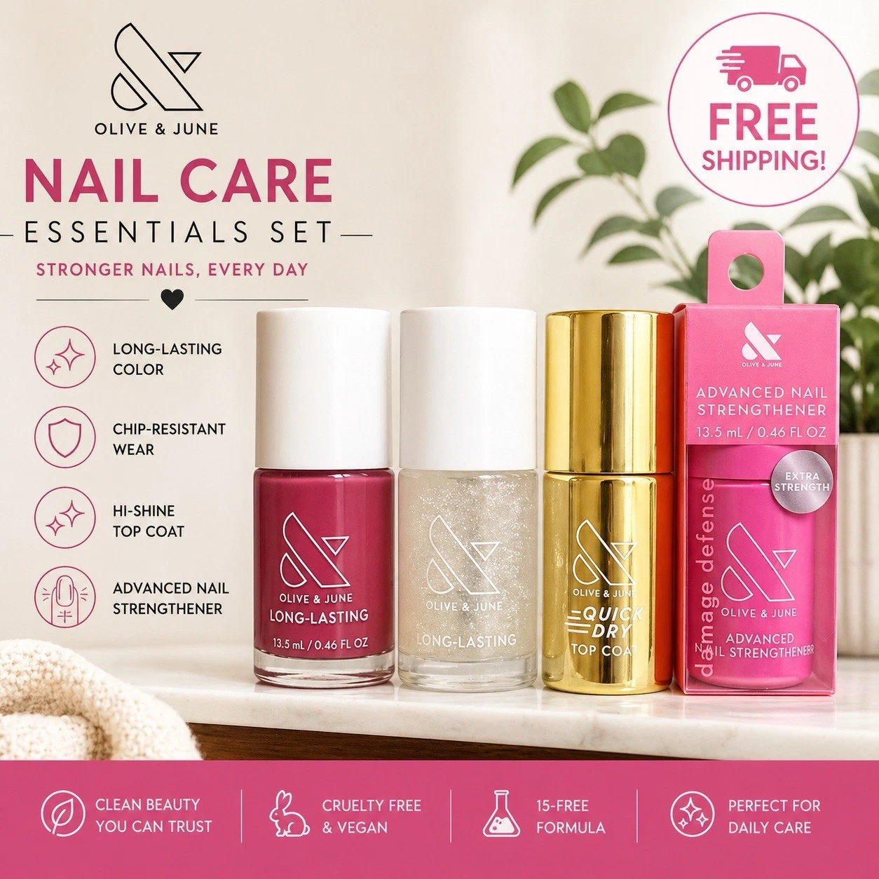 Olive & June Nail Care Set Polish Top Coat Strengthener 4 Pc Bundle New