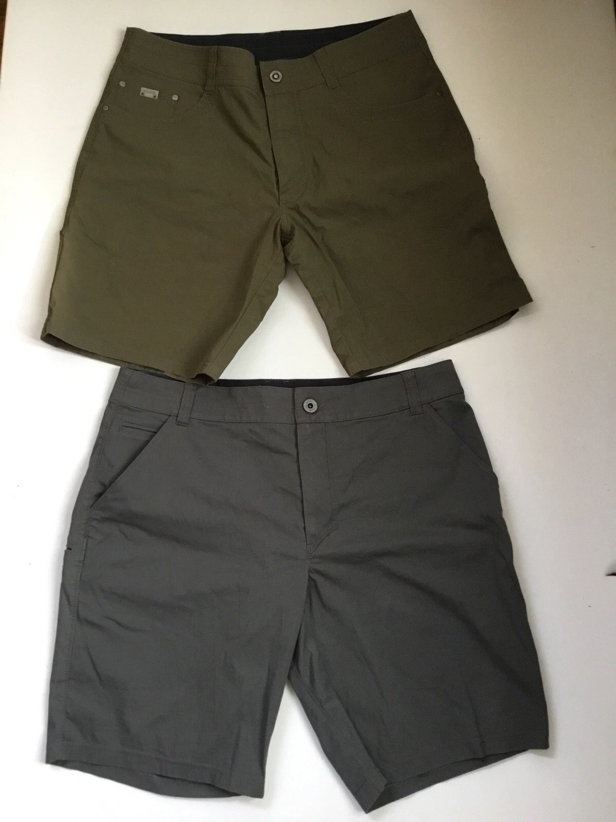 Pair Kuhl Shorts Mens 36 Performance Stretch Hiking Travel Gray Olive