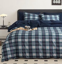 Plaid Queen Comforter Set 3pc - Navy Green Scottish Tartan Check Modern Bedding