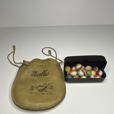 Ogunquit Wells, ME. Swirl Machine Made Multicolor Marbles Set with Leather Pouch