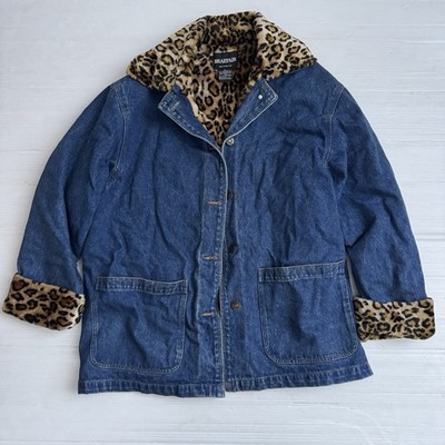 Vintage Y2K Braefair Denim Jean Cheetah Faux Fur Lining Coat Jacket Sz XL