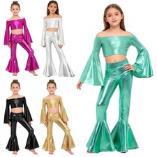 Kids Girls 2-Piece Recital Bell-bottom Shiny Pants Ballroom Metallic Crop Top