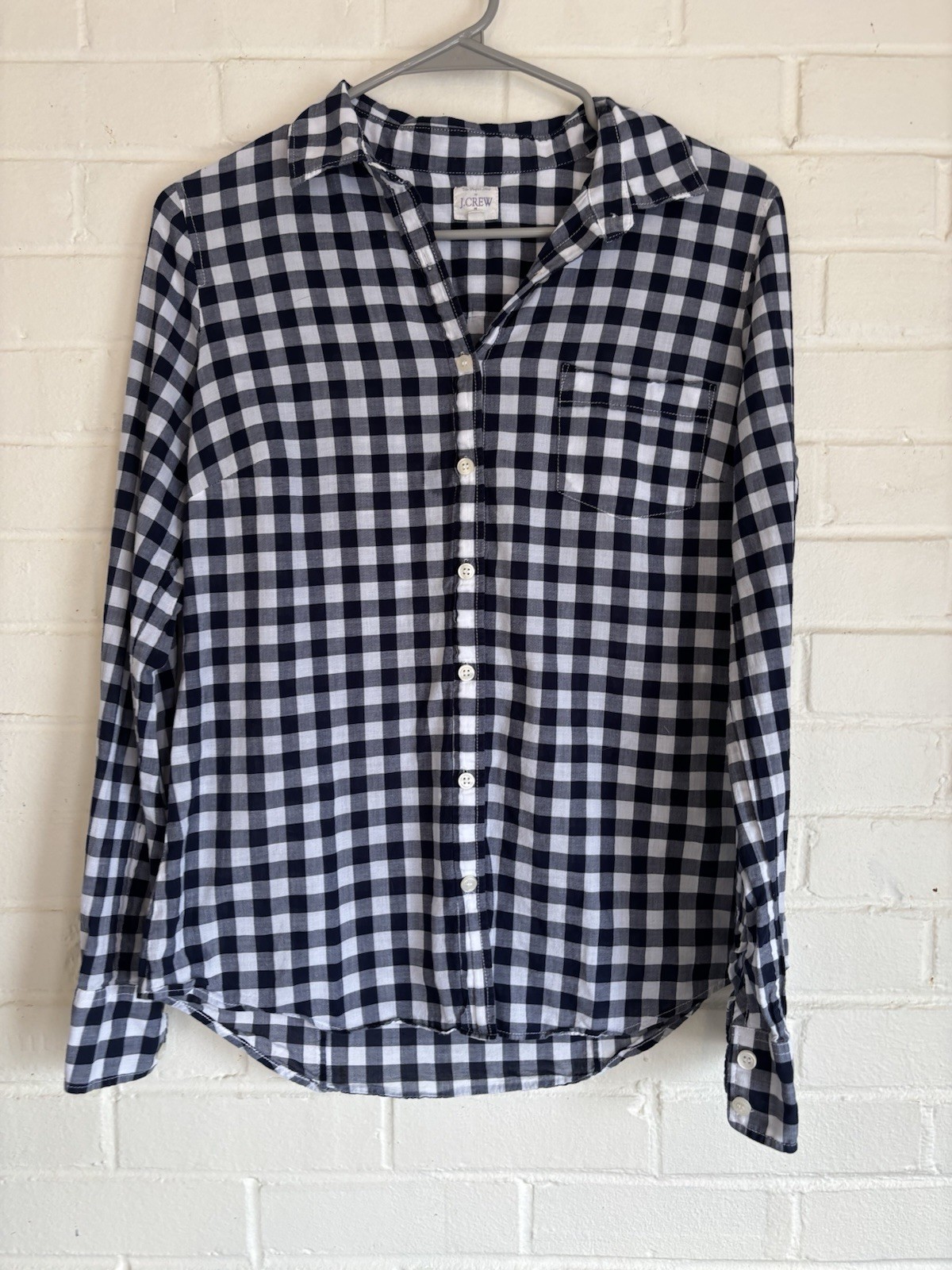J. Crew The Perfect Shirt Women Sz Small Gingham Navy Blue White Button-Up Check