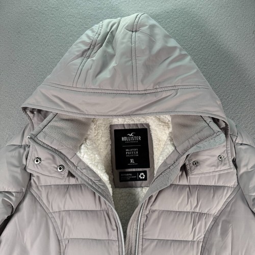 Hollister Puffer Jacket Womens XL Gray Sherpa Lined Recycled Fill Out Outerwear - Picture 4 of 10