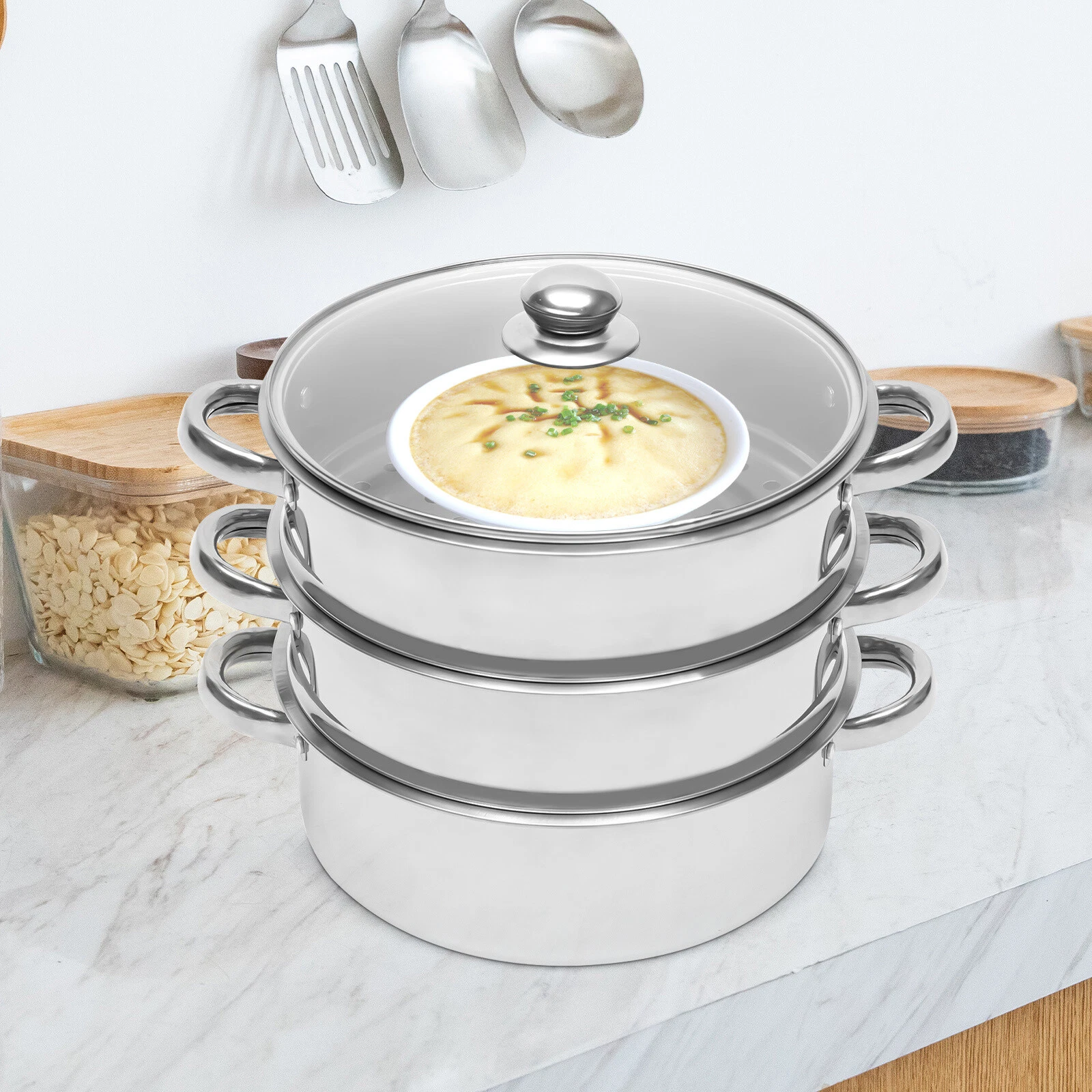 5 Tier Stainless Steel Steamer Cooker Steam Pot Kitchen Food Cooking + Glass lid