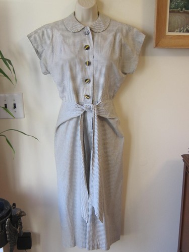 Vintage 1940s Hand Made Seersucker Blue/White Striped Dress Tie Front Sz S or XS - Picture 4 of 13