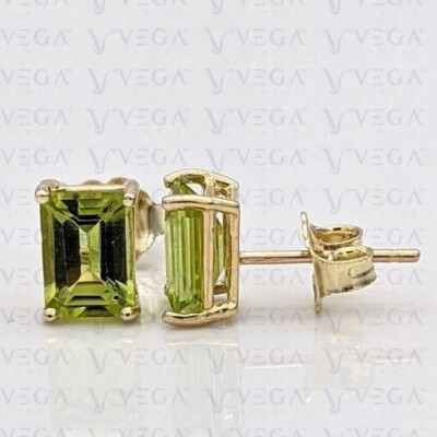 3.50Ct Emerald Cut Natural Peridot Solitaire Stud Earring 14K Solid Yellow Gold