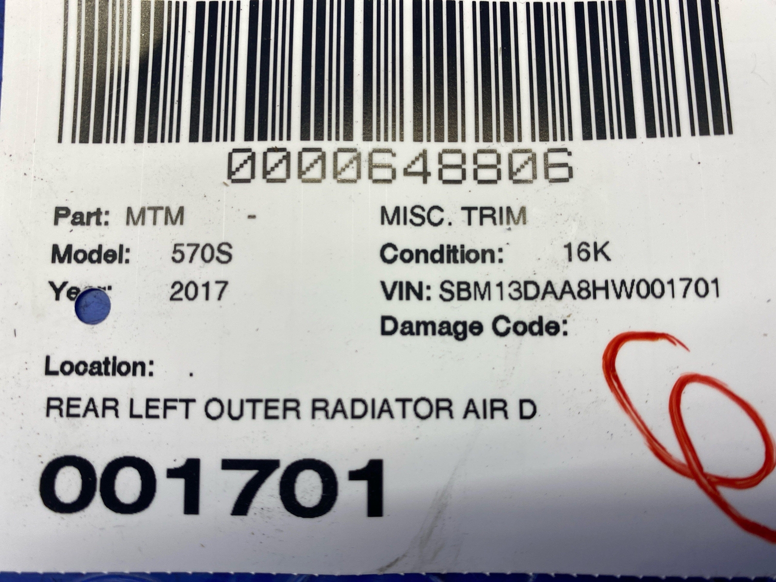 2016-2021 MCLAREN 570S REAR LEFT OUTER RADIATOR AIR DUCT COVER PANEL 13A6527CP