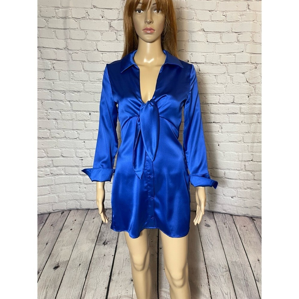 blue satin long sleeve mini dress NWT New Zara Cobalt Front Tie XS Black Feather Trim Bardot SY6532 The wrap front allows Size:19in / 48cm / 3XL
