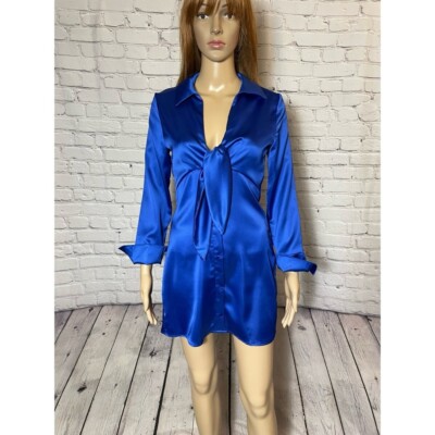 NWT New Zara Cobalt Blue Satin Front Tie Long Sleeve Mini Dress XS | eBay