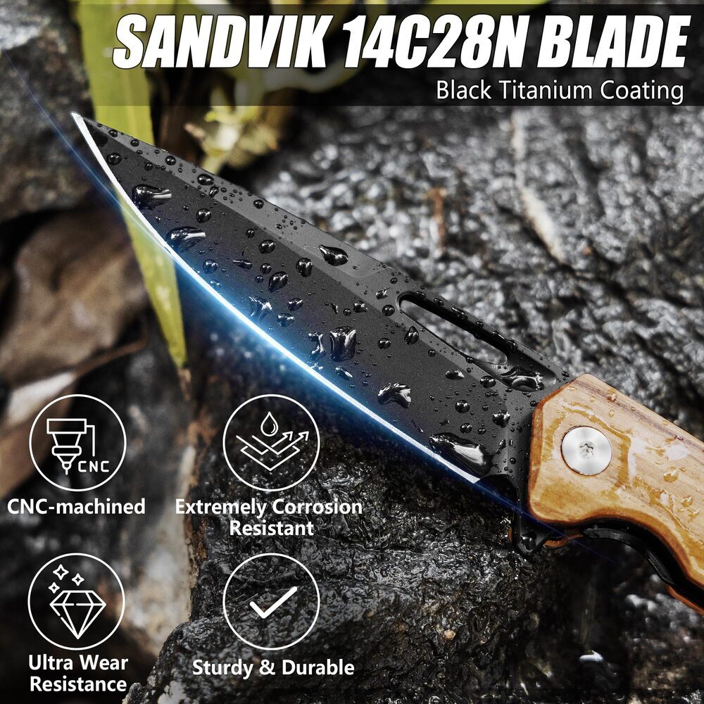 FLISSA Folding Pocket Knife SANDVIK 14C28N Steel Blade Olive Wood-Steel Handle