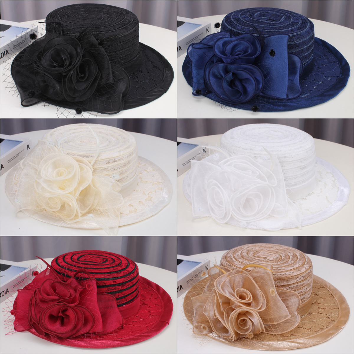 1285 Women Derby Church Dress Fascinator Wide Brim Tea Party Wedding Hats Womens Wide Brim Large Derby Fascinator Hat Organza Church  main image 4