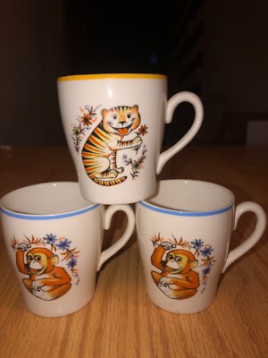 3 KEELE STREET POTTERY KSP Vintage Child s Mug MONKEY (x2) & TIGER Cups England