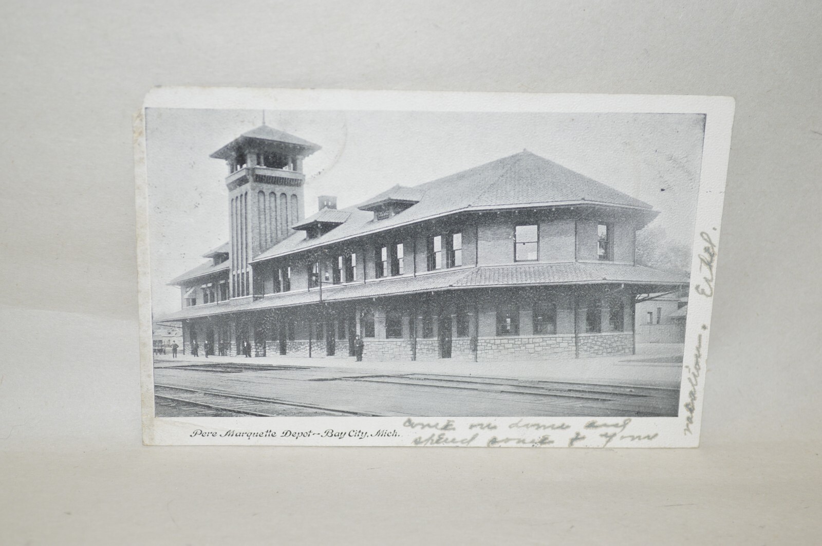 photo postcard depot station Pere Marquette RR Bay City Michigan 1903